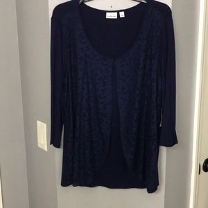 NWT Kim Rogers navy blue flyaway top